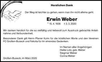 Traueranzeige von Erwin Weber von Giessener Allgemeine, Alsfelder Allgemeine