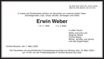 Traueranzeige von Erwin Weber von Giessener Allgemeine, Alsfelder Allgemeine