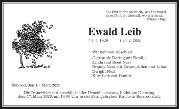 Traueranzeige von Ewald Leib von Giessener Allgemeine, Alsfelder Allgemeine