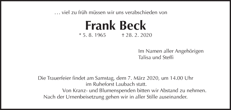  Traueranzeige für Frank Beck vom 04.03.2020 aus Giessener Allgemeine, Alsfelder Allgemeine
