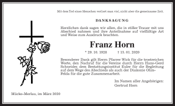 Traueranzeige von Franz Horn von Alsfelder Allgemeine