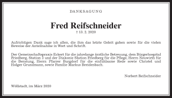 Traueranzeige von Fred Reifschneider von Wetterauer Zeitung