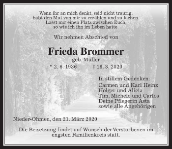 Traueranzeige von Frieda Brommer von Alsfelder Allgemeine
