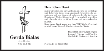 Traueranzeige von Gerda Bialas von Wetterauer Zeitung