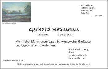 Traueranzeige von Gerhard Repmann von Giessener Allgemeine, Alsfelder Allgemeine