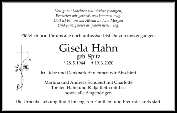 Traueranzeige von Gisela Hahn von Bad Vilbel/Karben