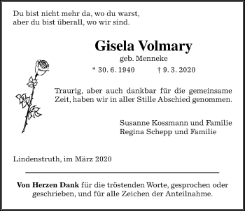 Traueranzeige von Gisela Volmary von Reiskirchener Anzeiger