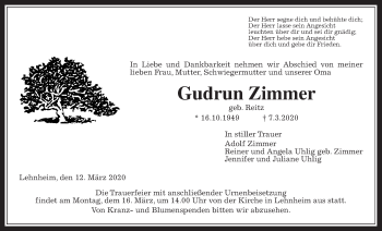 Traueranzeige von Gudrun Zimmer von Giessener Allgemeine, Alsfelder Allgemeine