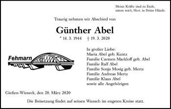 Traueranzeige von Günther Abel von Giessener Allgemeine, Alsfelder Allgemeine