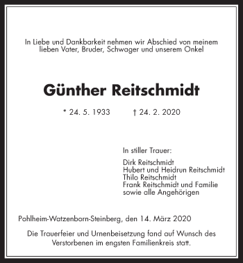 Traueranzeige von Günther Reitschmidt von Giessener Allgemeine, Alsfelder Allgemeine