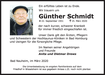 Traueranzeige von Günther Schmidt von Wetterauer Zeitung
