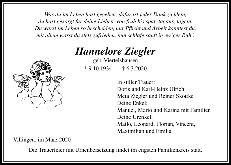  Traueranzeige für Hannelore Ziegler vom 12.03.2020 aus Licher Wochenblatt