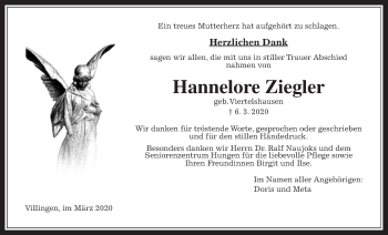 Traueranzeige von Hannelore Ziegler von Giessener Allgemeine, Alsfelder Allgemeine