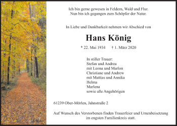 Traueranzeige von Hans König von Wetterauer Zeitung