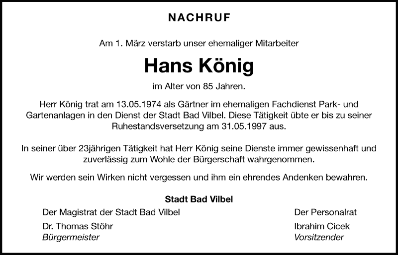  Traueranzeige für Hans König vom 12.03.2020 aus Bad Vilbel/Karben