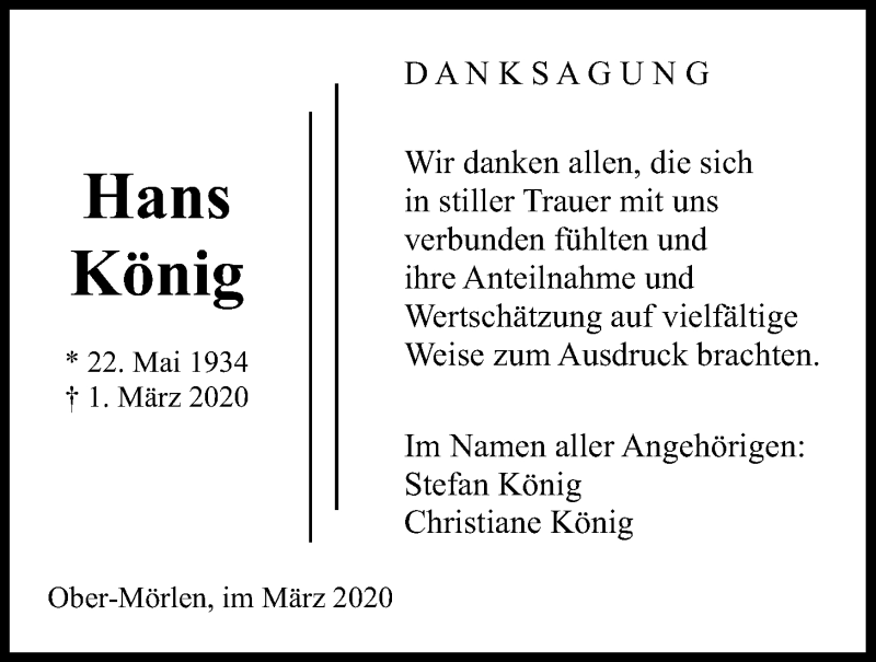  Traueranzeige für Hans König vom 31.03.2020 aus Wetterauer Zeitung