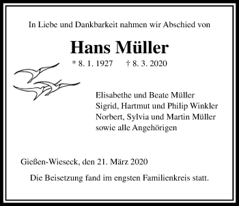 Traueranzeige von Hans Müller von Giessener Allgemeine, Alsfelder Allgemeine
