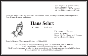 Traueranzeige von Hans Sehrt von Giessener Allgemeine, Alsfelder Allgemeine