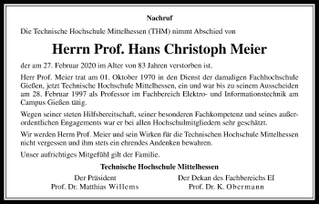 Traueranzeige von Hans Christoph Meier von Giessener Allgemeine, Alsfelder Allgemeine