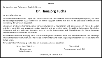 Traueranzeige von Hansjörg Fuchs von Alsfelder Allgemeine