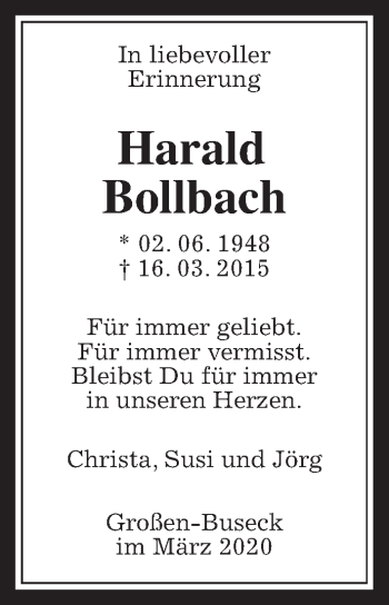 Traueranzeige von Harald Bollbach von Giessener Allgemeine, Alsfelder Allgemeine