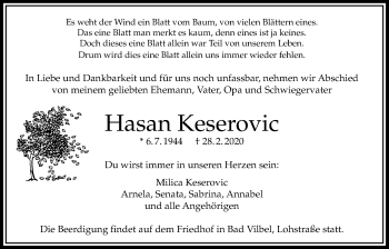 Traueranzeige von Hasan Keserovic von Bad Vilbel/Karben