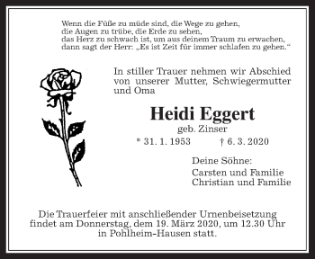 Traueranzeige von Heidi Eggert von Giessener Allgemeine, Alsfelder Allgemeine