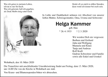 Traueranzeige von Helga Kammer von Wetterauer Zeitung