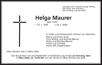 Traueranzeige von Helga Maurer von Alsfelder Allgemeine