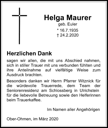Traueranzeige von Helga Maurer von Alsfelder Allgemeine