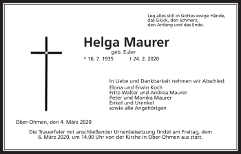 Traueranzeige von Helga Maurer von Alsfelder Allgemeine