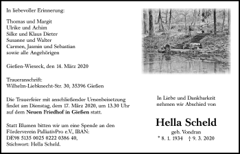 Traueranzeige von Hella Scheld von Giessener Allgemeine, Alsfelder Allgemeine
