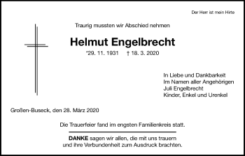 Traueranzeige von Helmut Engelbrecht von Giessener Allgemeine, Alsfelder Allgemeine