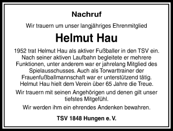 Traueranzeige von Helmut Hau von Licher Wochenblatt