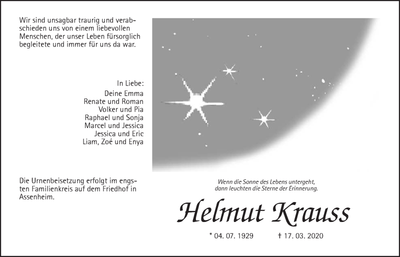  Traueranzeige für Helmut Krauss vom 21.03.2020 aus Wetterauer Zeitung