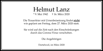 Traueranzeige von Helmut Lanz von Bad Vilbel/Karben