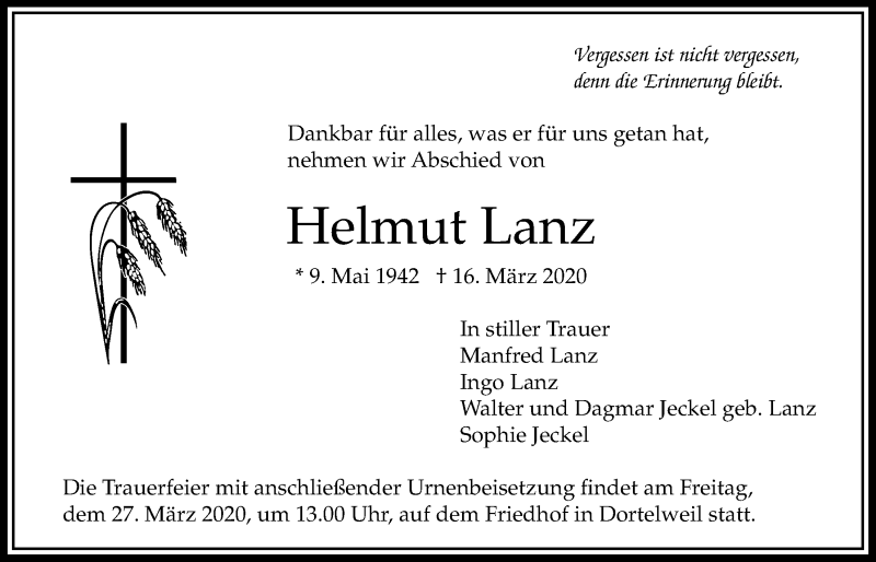  Traueranzeige für Helmut Lanz vom 19.03.2020 aus Bad Vilbel/Karben