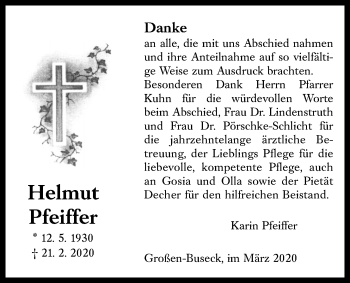 Traueranzeige von Helmut Pfeiffer von Giessener Allgemeine, Alsfelder Allgemeine