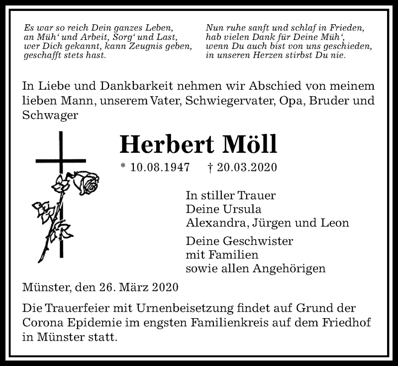  Traueranzeige für Herbert Möll vom 26.03.2020 aus Licher Wochenblatt