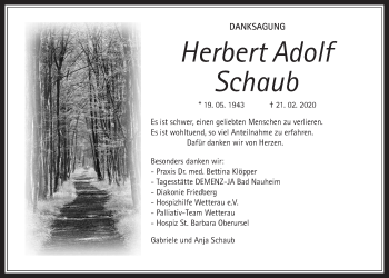 Traueranzeige von Herbert Adolf Schaub von Wetterauer Zeitung