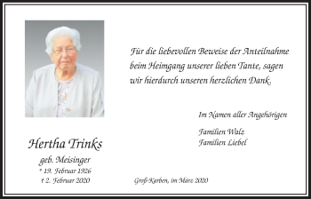 Traueranzeige von Hertha Trinks von Bad Vilbel/Karben