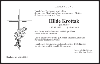 Traueranzeige von Hilde Krottak von Wetterauer Zeitung
