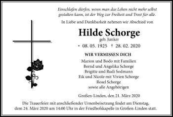 Traueranzeige von Hilde Schorge von Giessener Allgemeine, Alsfelder Allgemeine