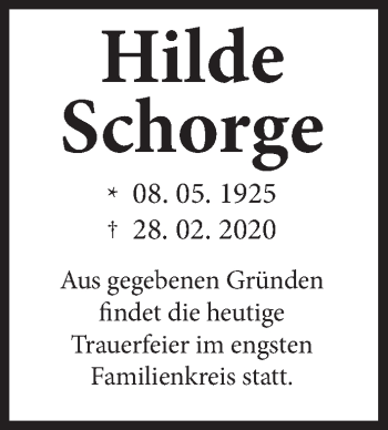 Traueranzeige von Hilde Schorge von Giessener Allgemeine, Alsfelder Allgemeine