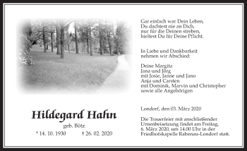 Traueranzeige von Hildegard Hahn von Giessener Allgemeine, Alsfelder Allgemeine