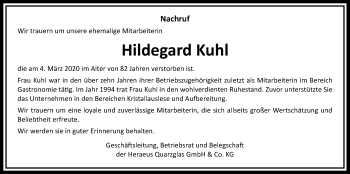 Traueranzeige von Hildegard Kuhl von Wetterauer Zeitung