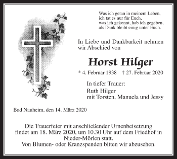Traueranzeige von Horst Hilger von Wetterauer Zeitung