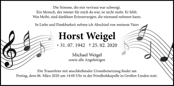 Traueranzeige von Horst Weigel von Giessener Allgemeine, Alsfelder Allgemeine