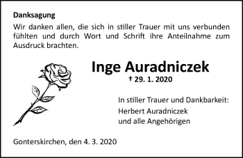Traueranzeige von Inge Auradniczek von Laubacher Anzeiger