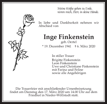 Traueranzeige von Inge Finkenstein von Wetterauer Zeitung